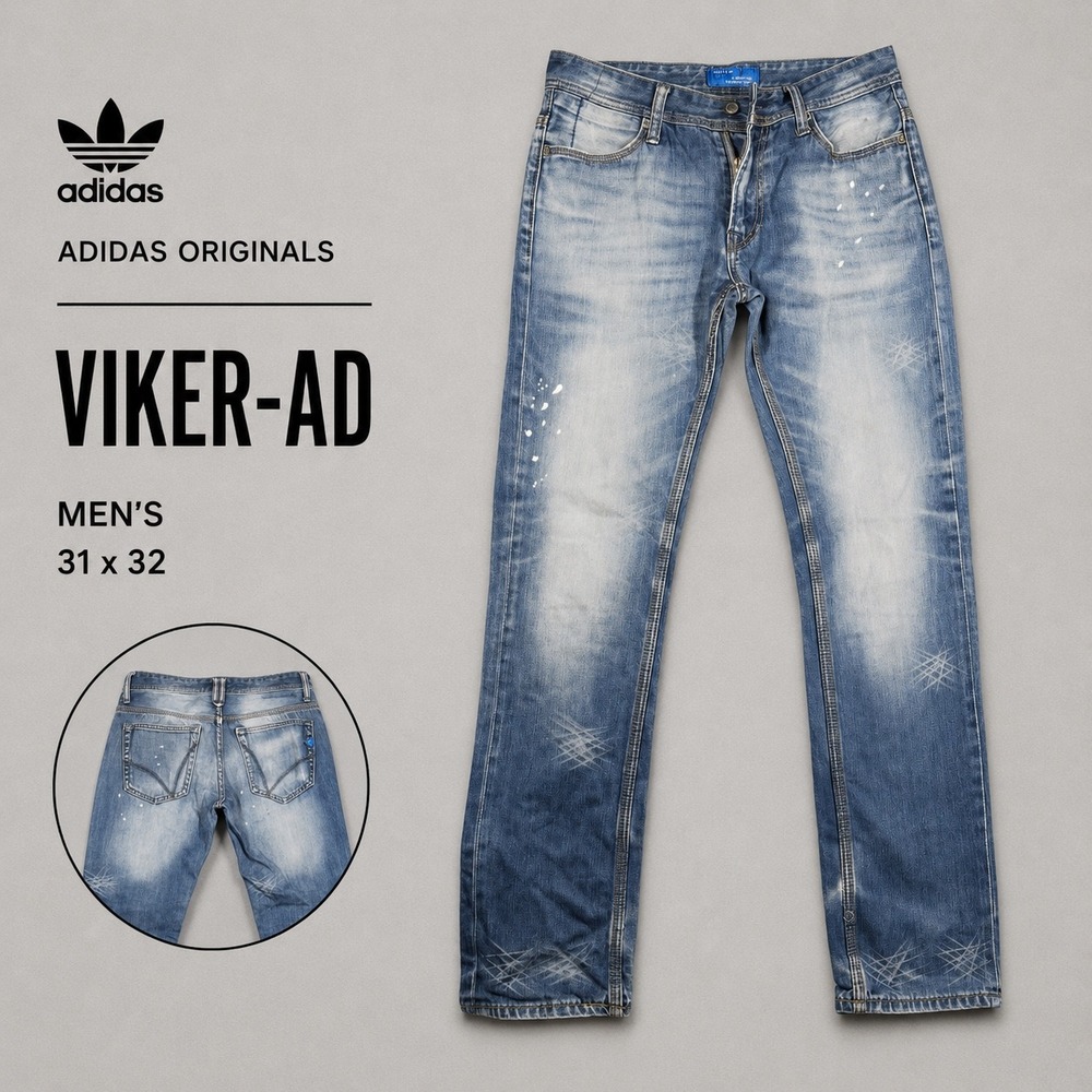 Adidas Originals Viker-AD Mens 31x32 Distressed Crazy Wash Straight Leg Jeans